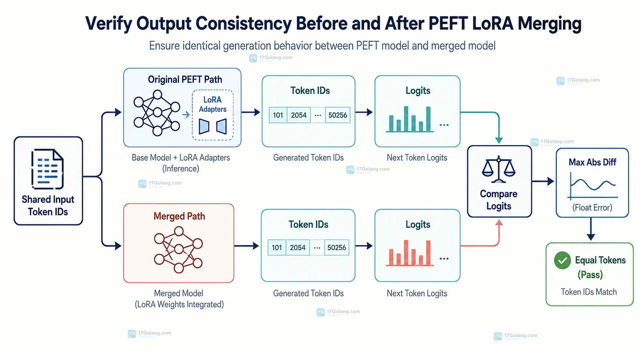 PEFT LoRA 微调后怎么合并权重并验证输出一致