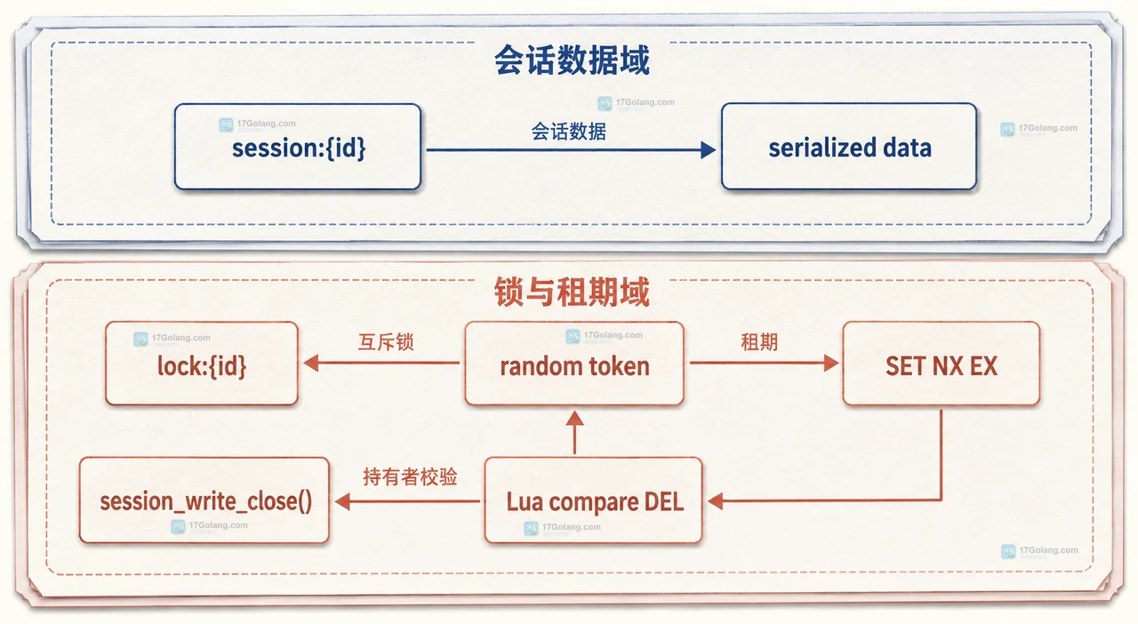 Redis session 数据键、锁键、随机 token、SET NX EX、Lua 比较删除与 session_write_close 的静态依赖关系图