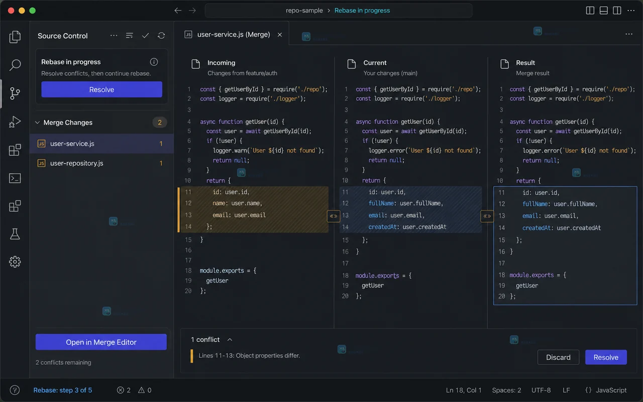 VS Code Source Control 在 Git rebase continue 后显示干净工作区与已完成的提交状态