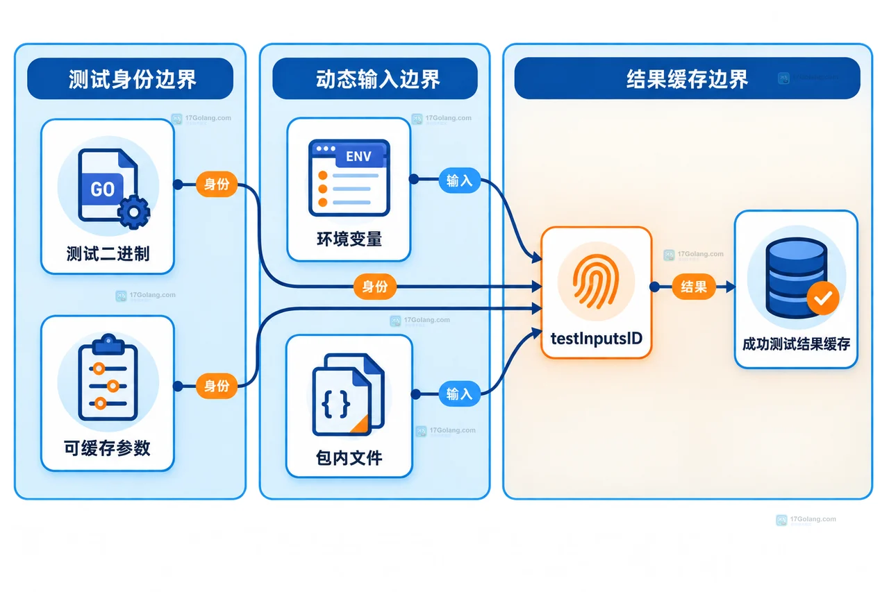 Go test 测试二进制、环境变量与包内文件共同影响测试缓存输入的静态关系框图