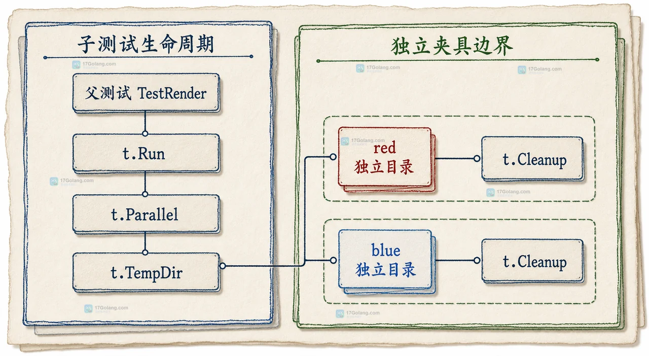 Go t.Parallel 并行测试中父测试、共享临时目录和多个子测试的资源边界关系图