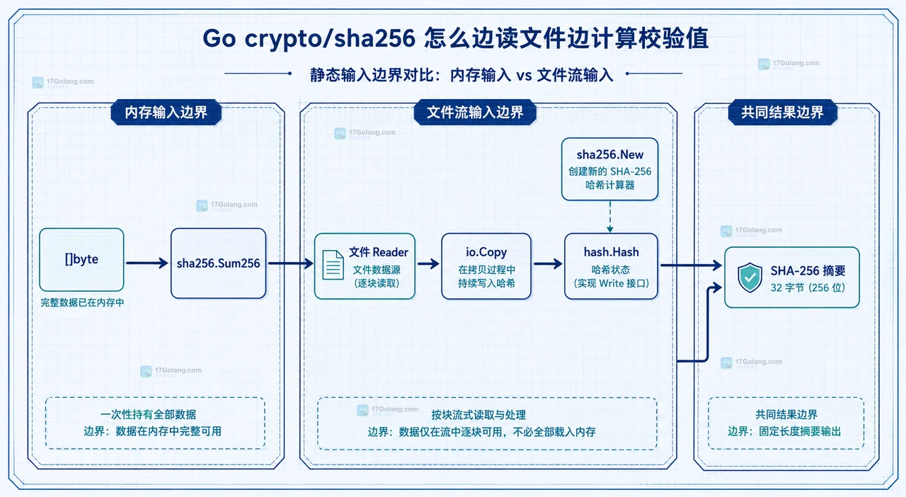 Go 文件读取、io.Copy 与 SHA-256 摘要的静态关系图