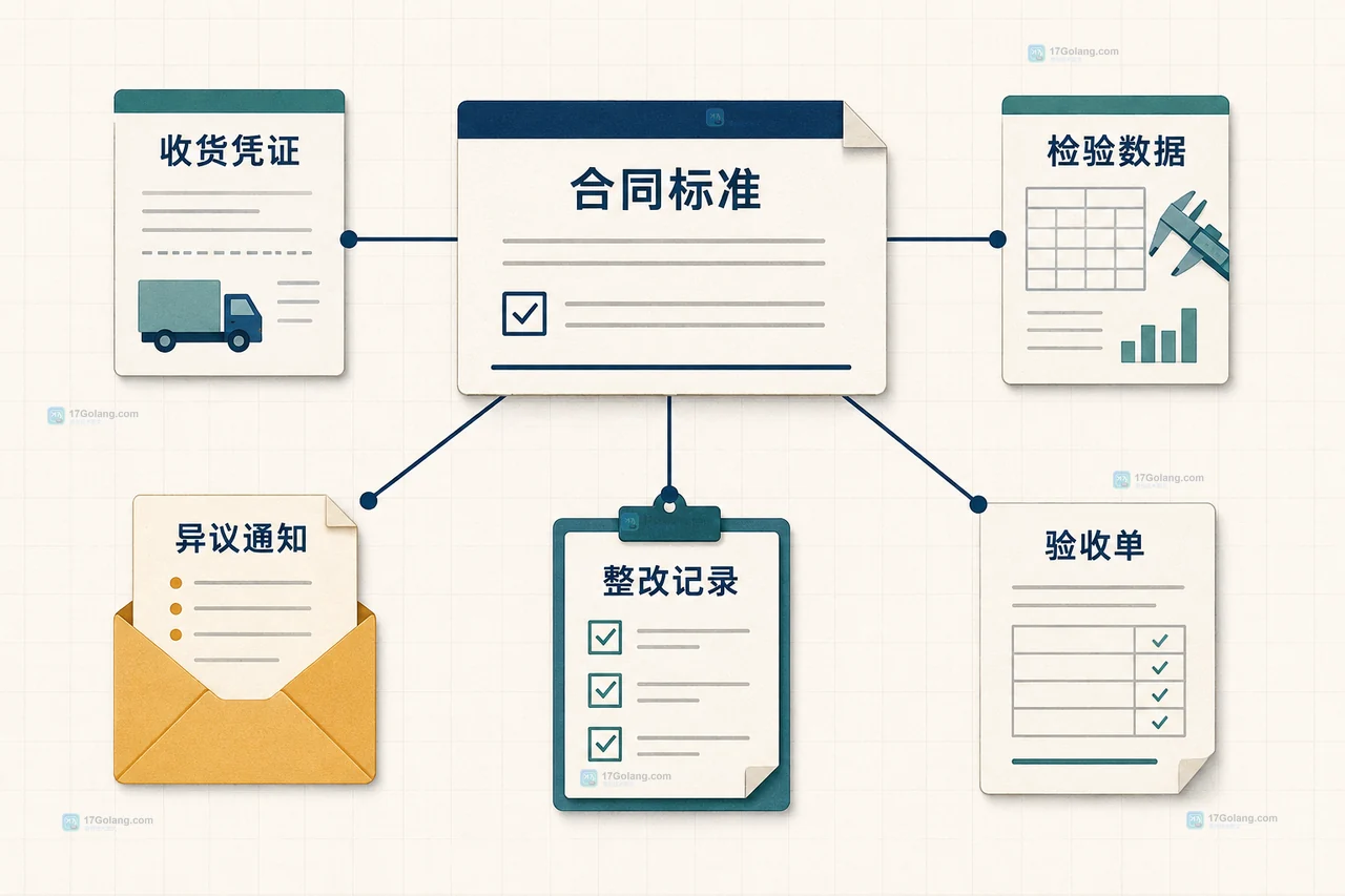 企业采购合同验收条款中的交货、初检、性能测试和最终验收关系图