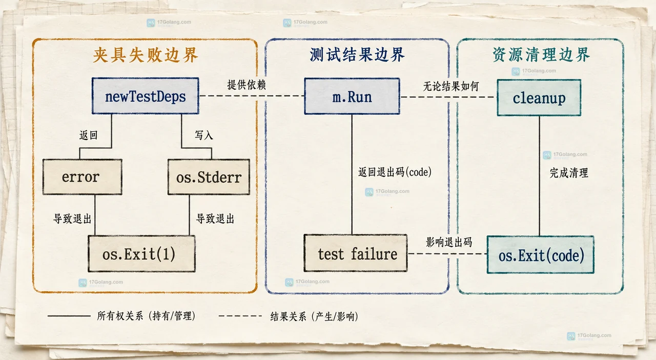 Go TestMain、测试依赖、m.Run 和清理退出边界的静态关系图