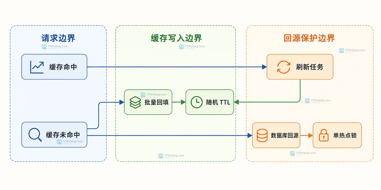 Redis 商品缓存键由基础 TTL 和随机抖动组成有效 TTL,再落入过期时间窗口和 TTL 分桶的静态关系图