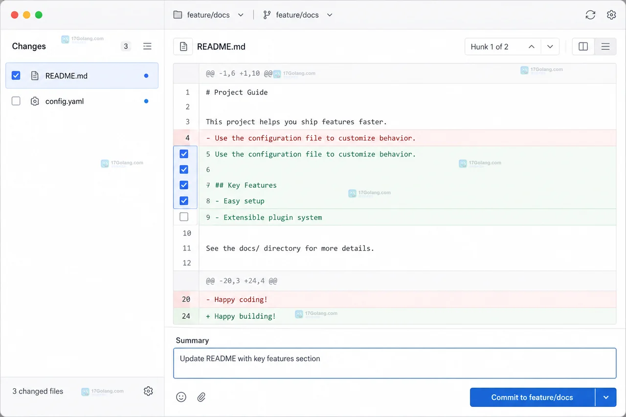 GitHub Desktop 提交后 History 出现新提交且 Changes 仍保留未提交差异的原创界面状态图