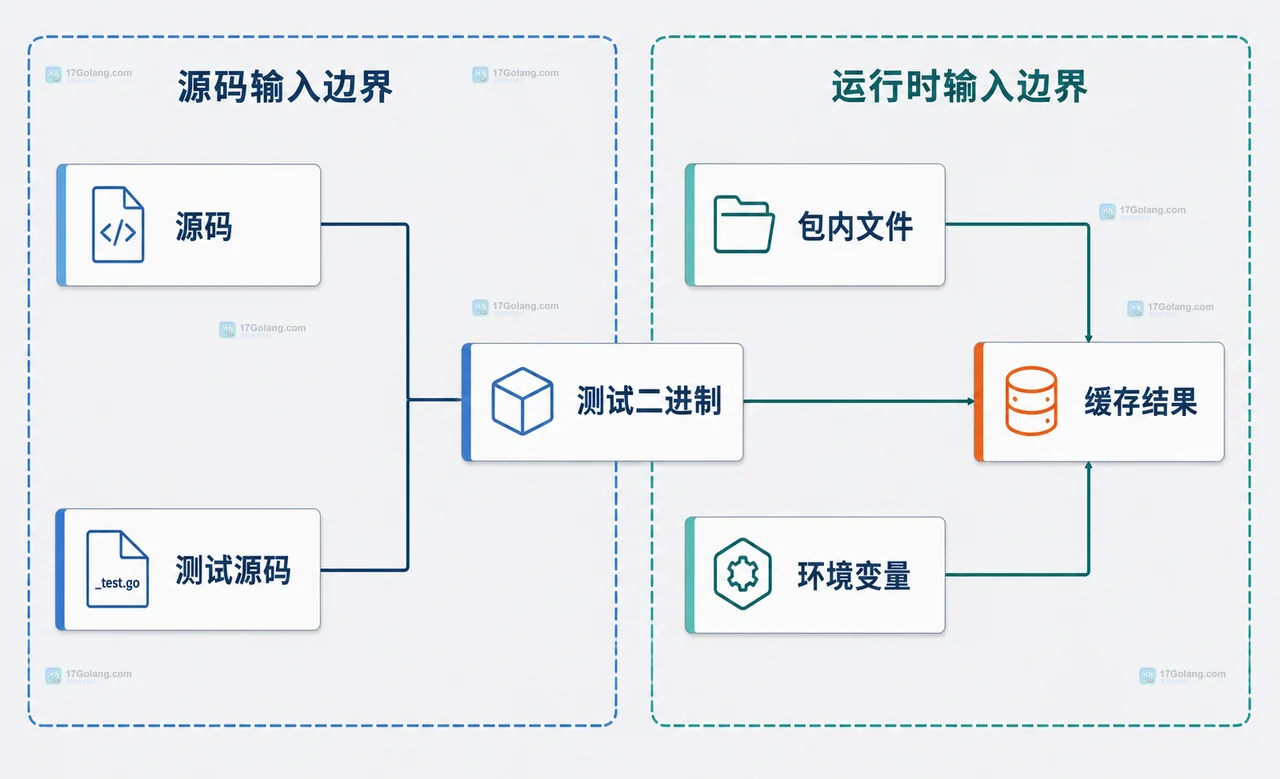 Go test 缓存排障中的命令对照、输入检查、调试日志和 testcache 清理边界静态框图