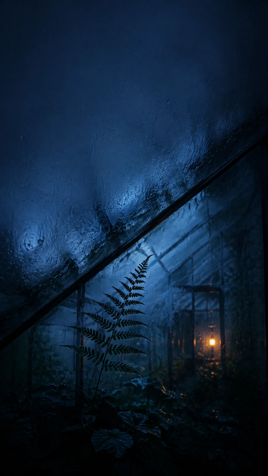 午夜蓝雨夜玻璃温室手机壁纸变体中的冷色玻璃、下移蕨叶和稀疏琥珀光点