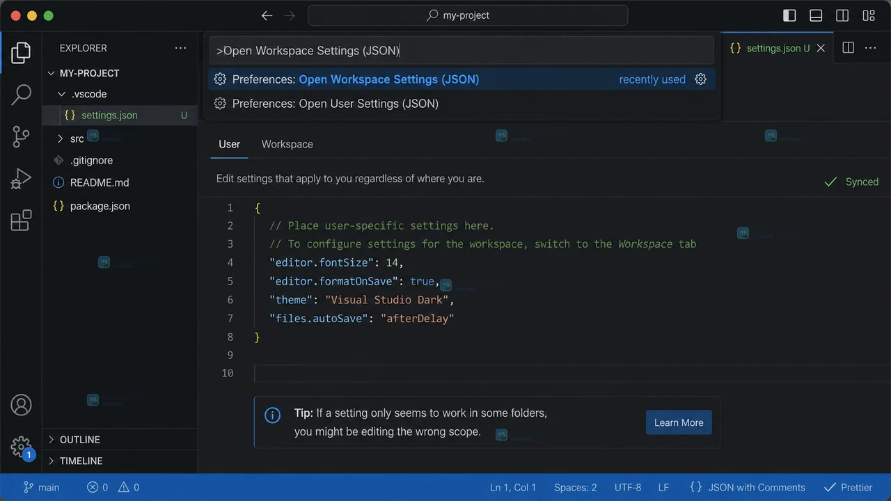 VS Code settings.json 编辑器在缺失逗号附近显示红色诊断和波浪线