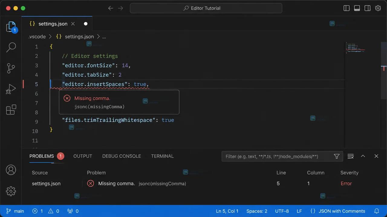 VS Code settings.json 报错时怎么定位缺失逗号