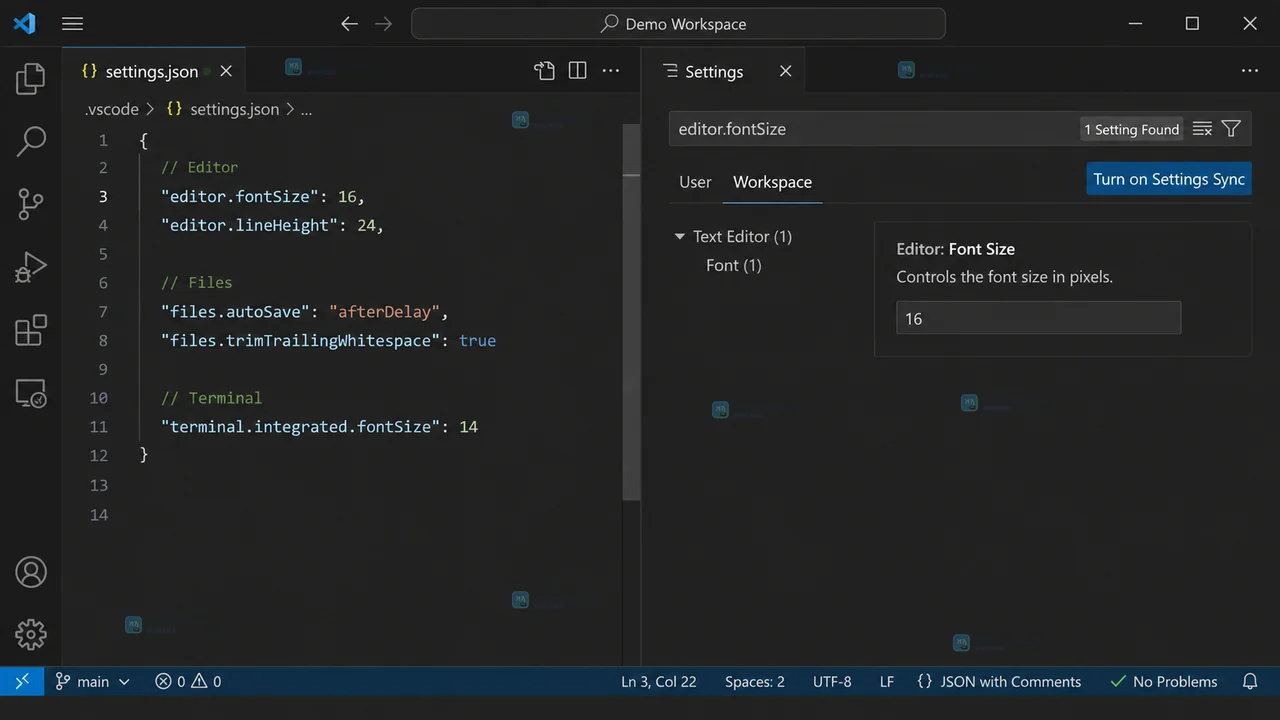 VS Code 设置编辑器中 User 与 Workspace 作用域和 settings.json 入口