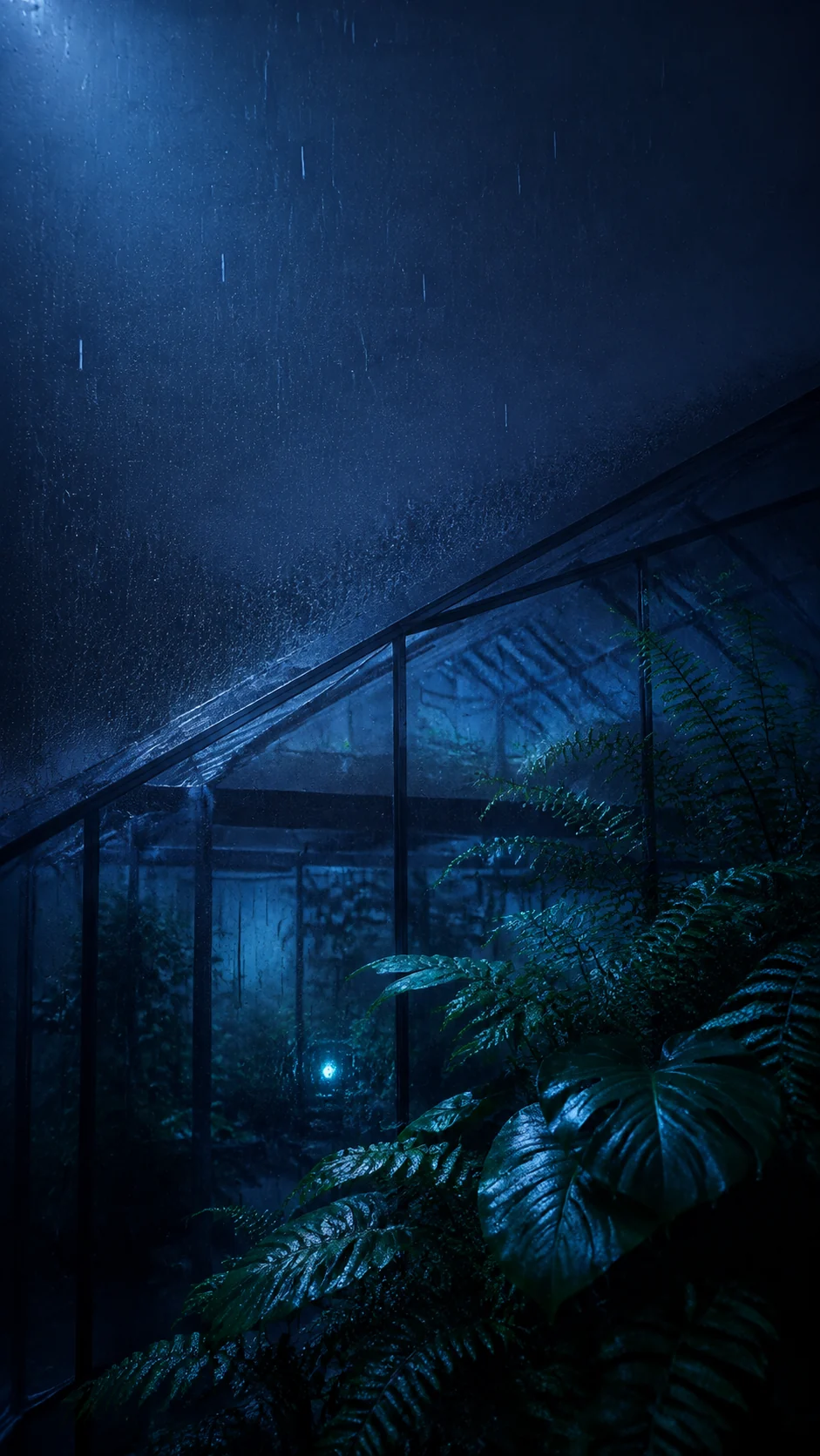 雨夜玻璃温室暖色手机壁纸，上方深色雨玻璃为锁屏时钟留白，中下部是蕨类植物和暖光