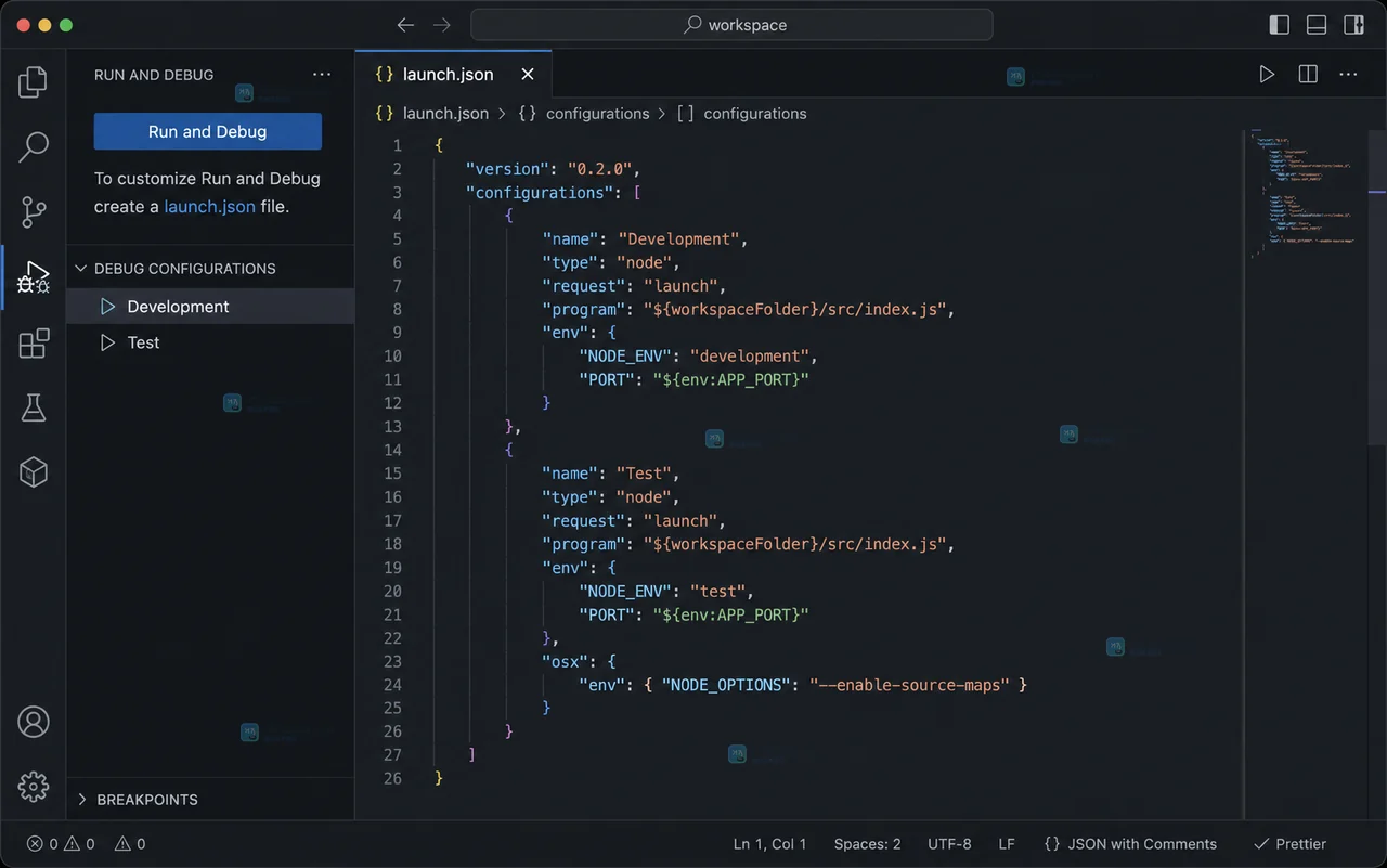 VS Code Run and Debug 视图显示 Create a launch.json file 配置入口和调试配置下拉区域
