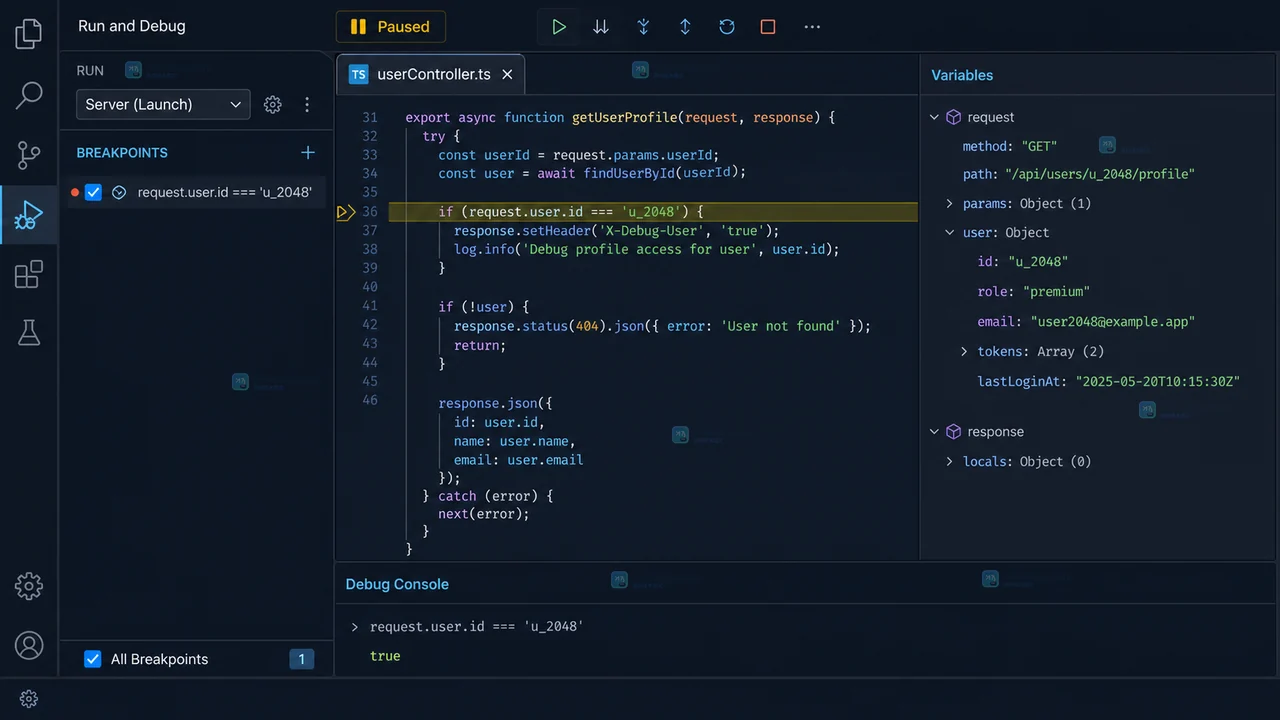 VS Code 风格条件断点命中后显示 request.user.id 为 u_2048、Variables 与 Debug Console 为 true 的状态