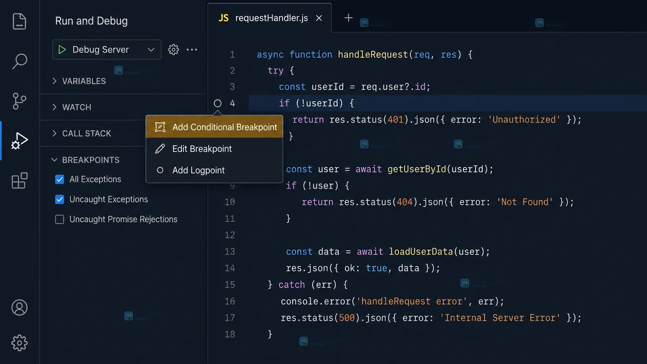 VS Code 条件断点怎么只停在满足字段值的请求上