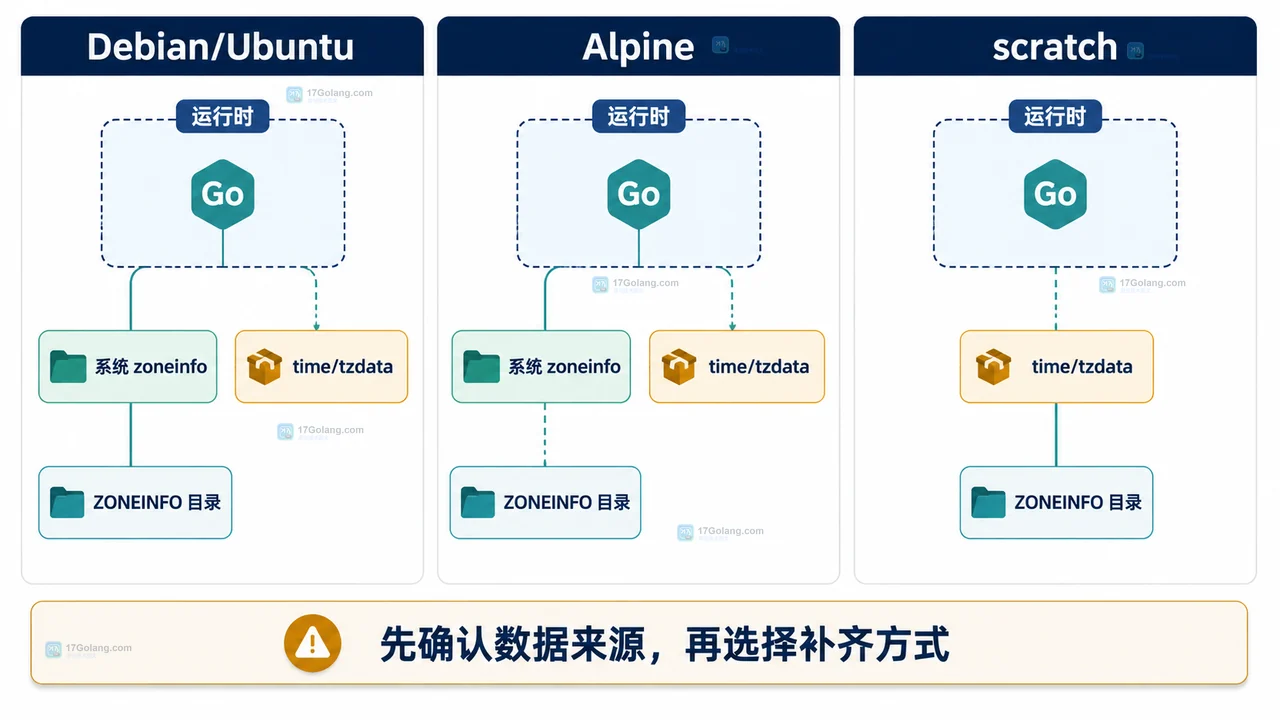 Go time.LoadLocation 查找 IANA 时区数据的 ZONEINFO、系统目录、GOROOT 压缩包和 time/tzdata 分层关系图
