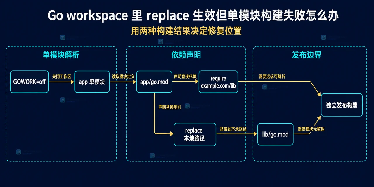 Go workspace、go.work replace、app 主模块和 lib 本地模块之间的静态边界关系图