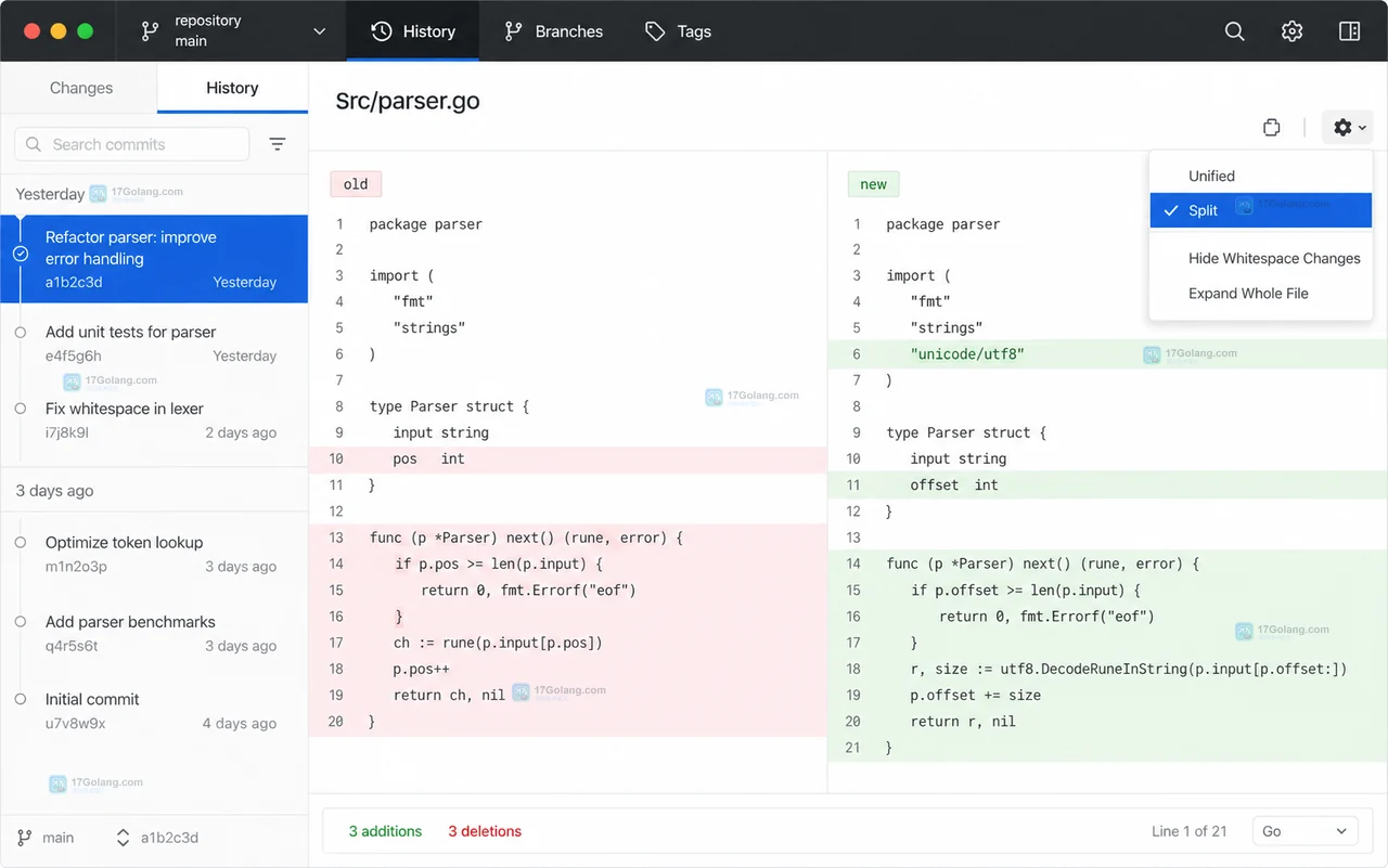 GitHub Desktop History 中选中提交并显示文件列表的原创界面状态