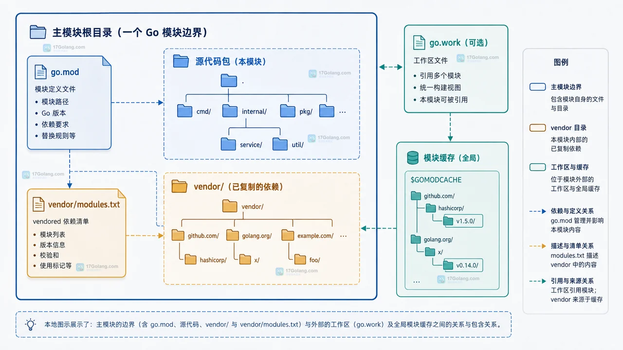 Go 构建中 -mod=vendor、-mod=mod、go mod tidy 与 go.work vendor 的静态决策关系图