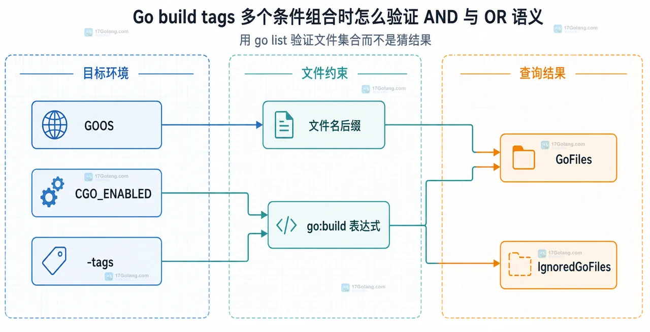 Go build tags 多个条件组合时怎么验证 AND 与 OR 语义