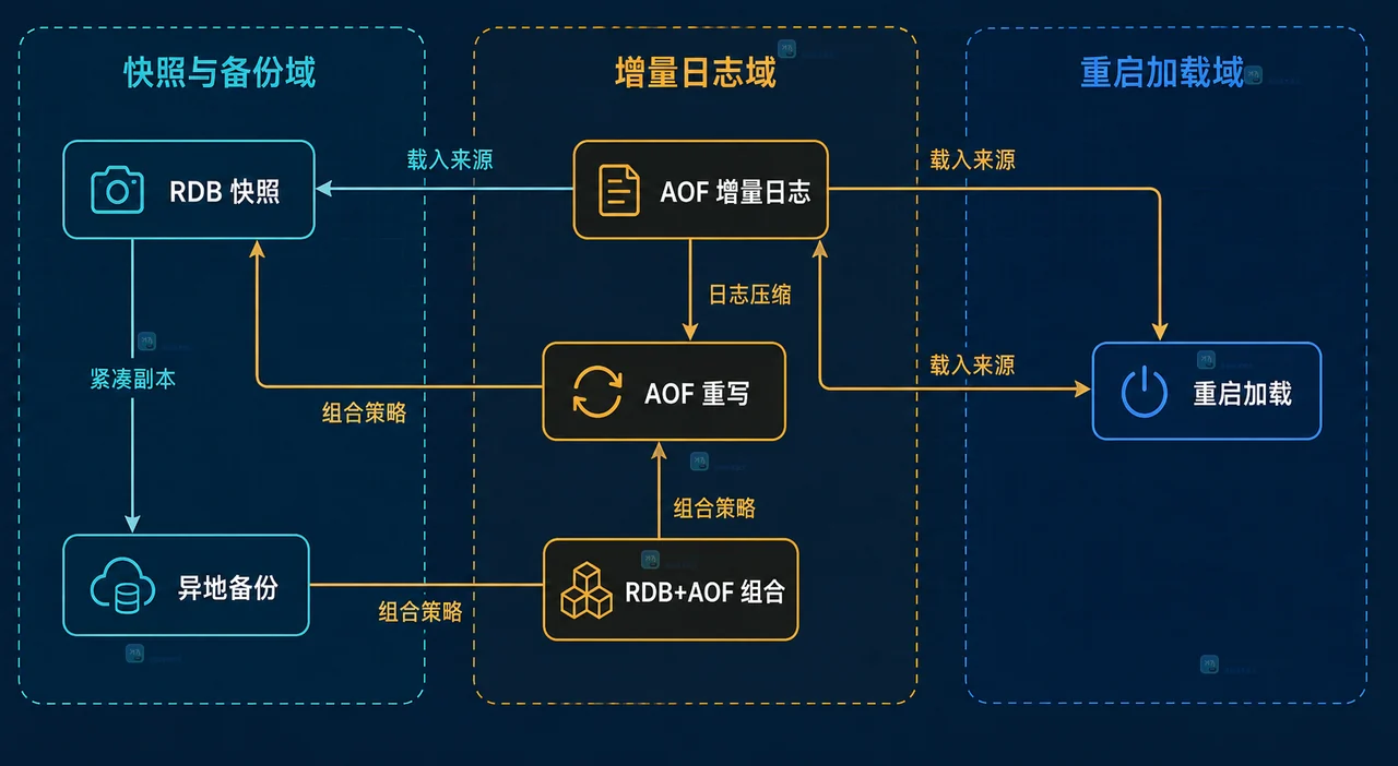 Redis RDB 快照、AOF 增量日志、RDB+AOF 组合、异地备份、AOF 重写与重启加载的静态取舍关系图