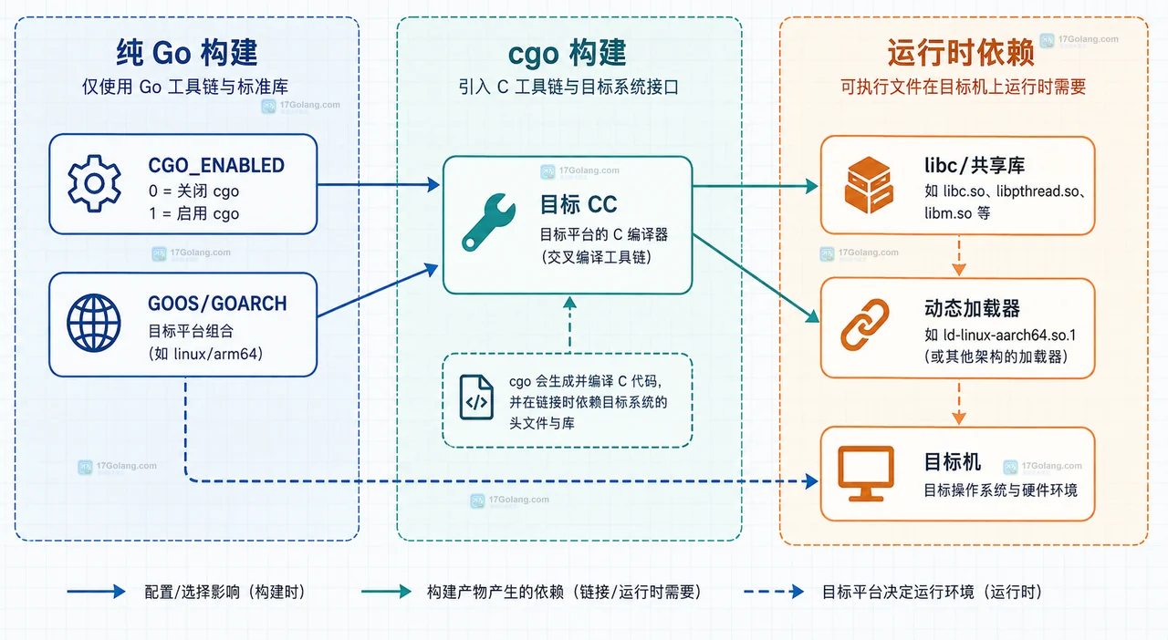 Go 交叉编译中 GOOS GOARCH、二进制格式与运行目标之间的架构判断关系图