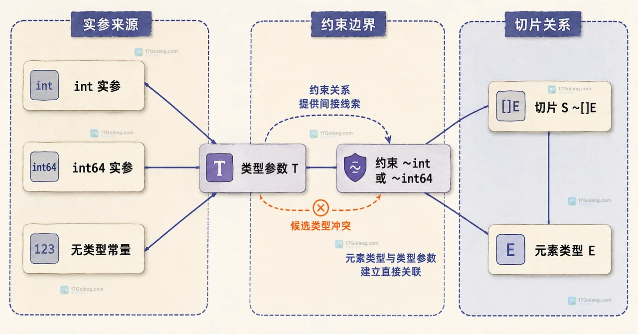 Go 泛型类型推断来源框图，展示普通参数、类型参数、约束和返回值之间的静态关系