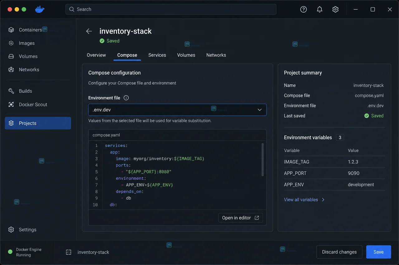 Docker Desktop 风格项目结果页显示 .env.staging、web profile 和 Running 状态