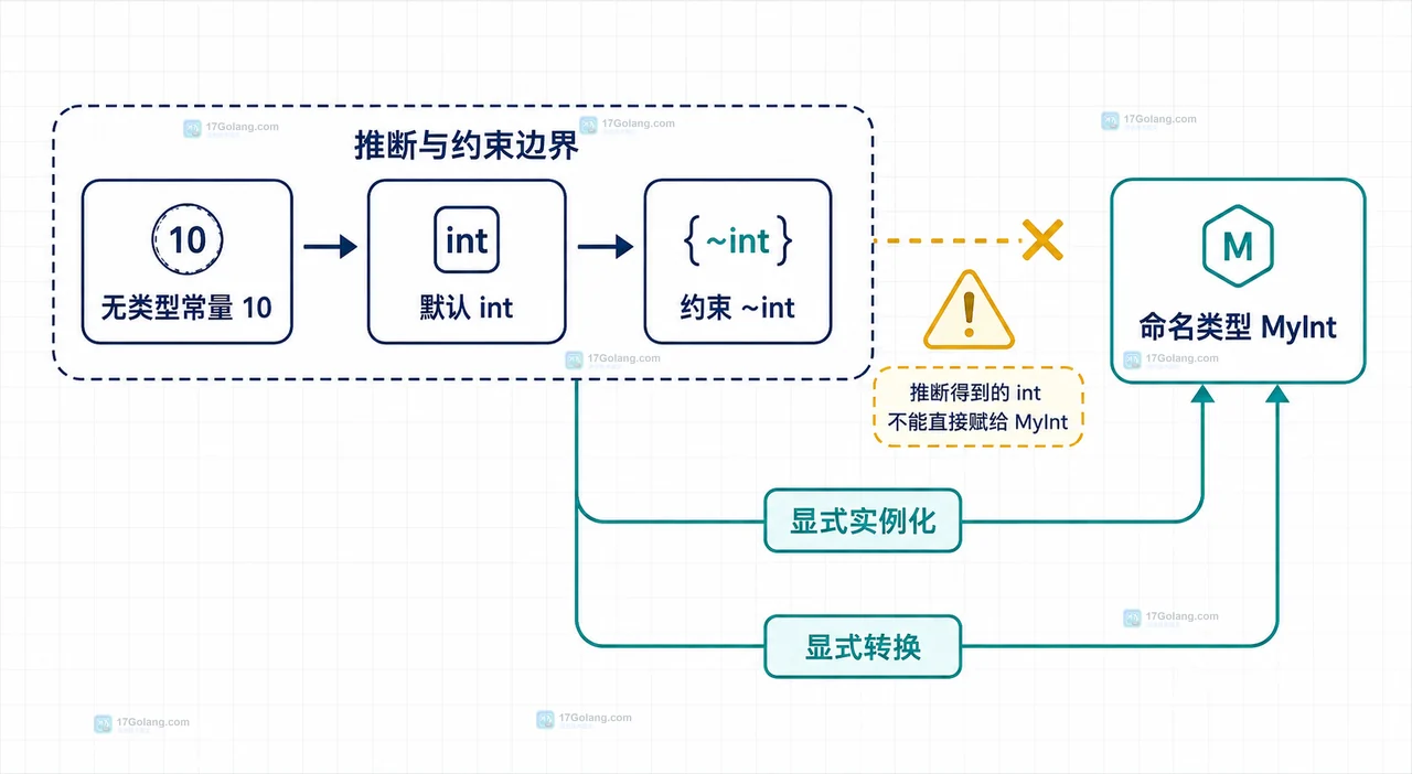 Go 泛型无类型常量从实参推断类型参数 P,再在返回值阶段检查目标命名类型的关系图