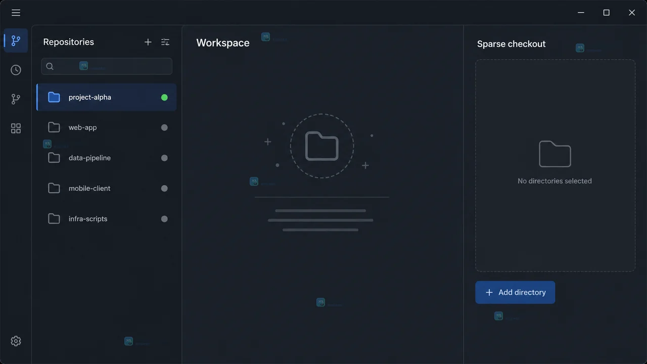 Git 稀疏检出结果界面，显示 services/api 已选中、其他目录折叠以及 Apply 成功状态