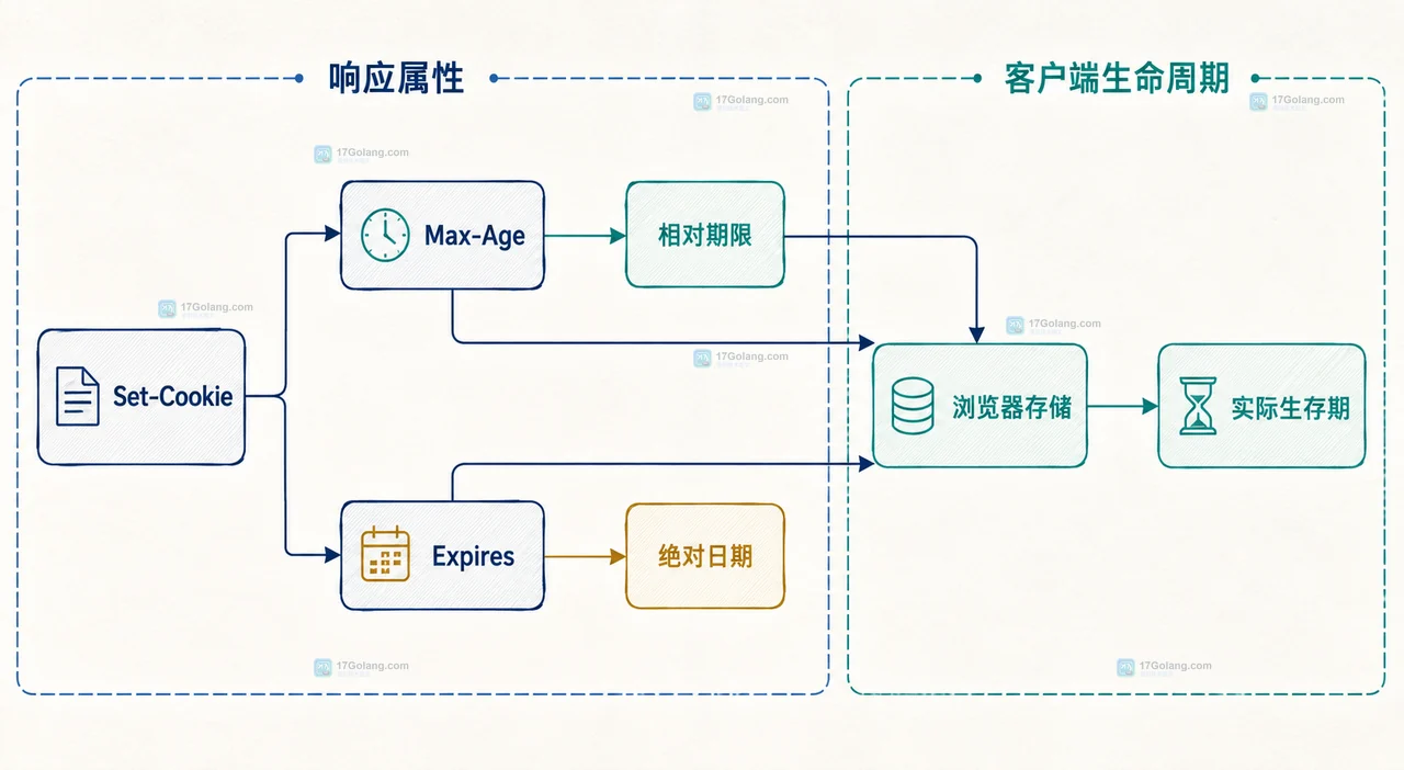 Go http.Cookie 中 MaxAge 相对秒数与 Expires 绝对时间的静态字段关系图