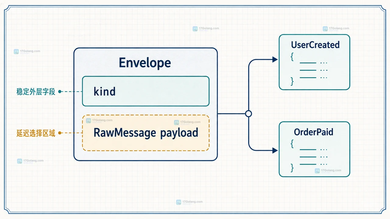 Go JSON 多态字段怎么用 RawMessage 延迟选择结构体