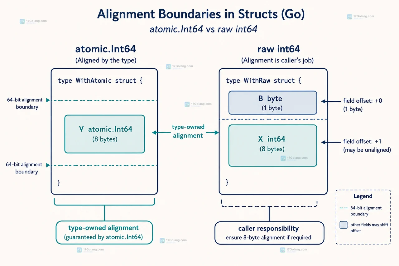 Go atomic.Int64 放进结构体后怎么避免未对齐访问