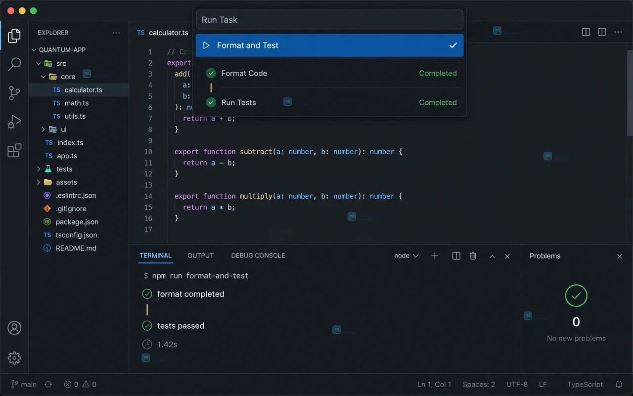VS Code tasks.json 怎么把格式化和测试串成一个任务