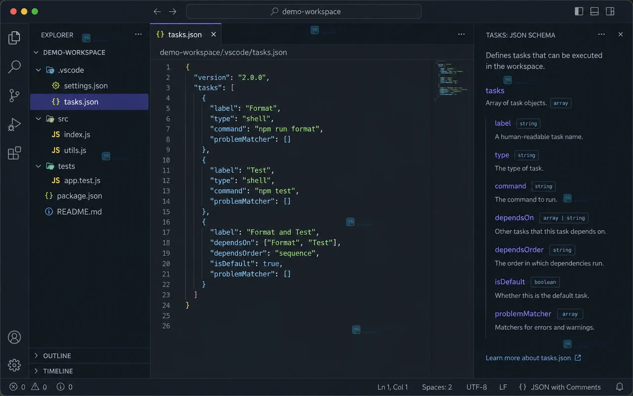 VS Code 类原创界面中运行 Format and Test,终端先显示格式化完成再显示测试通过