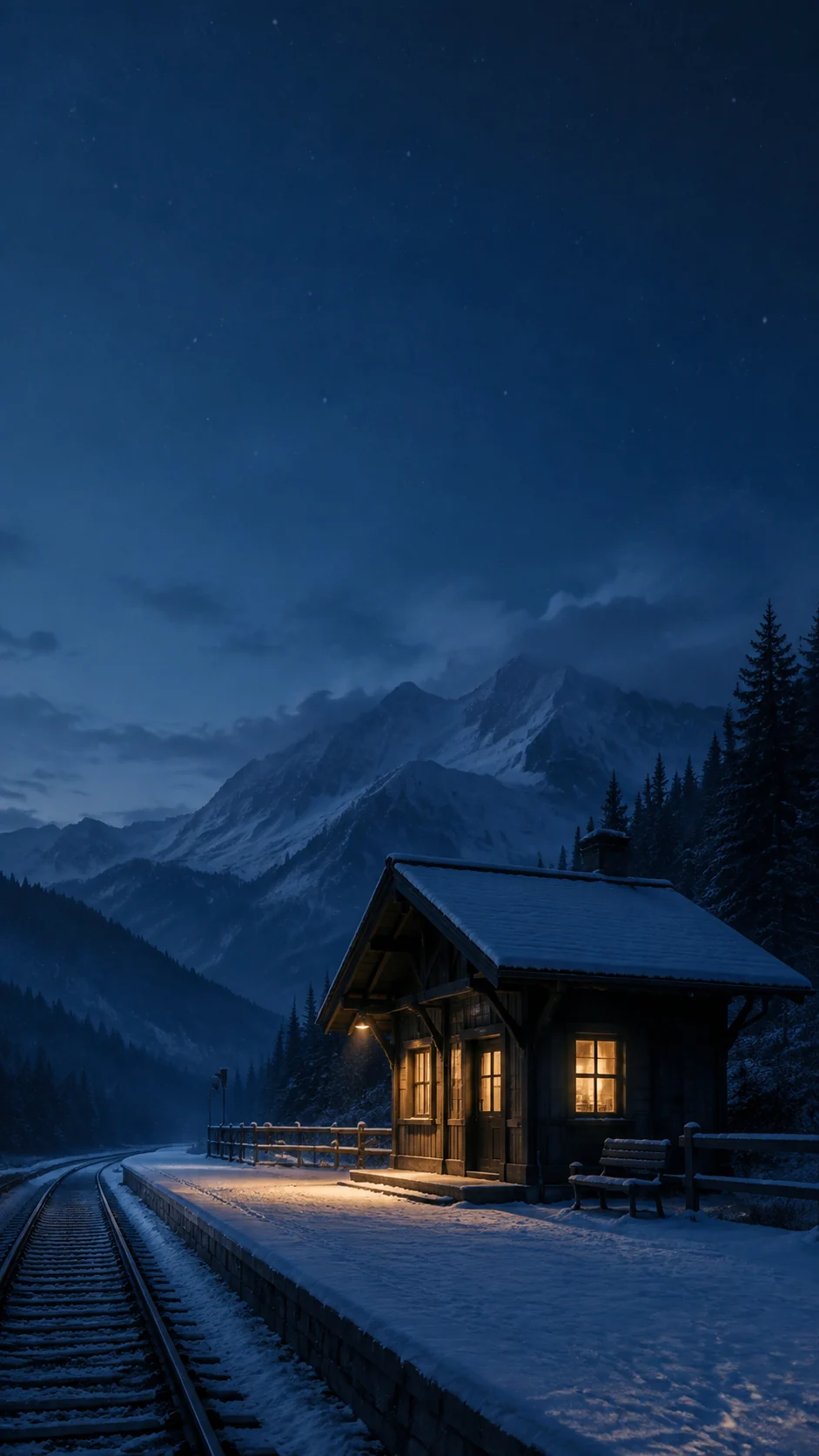 暮紫雪夜山间车站手机壁纸，橙红侧光勾勒屋檐和月台边缘并保留顶部锁屏留白