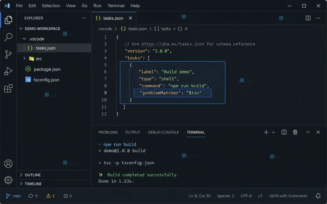 VS Code 任务执行后问题面板没有错误怎么检查 problemMatcher