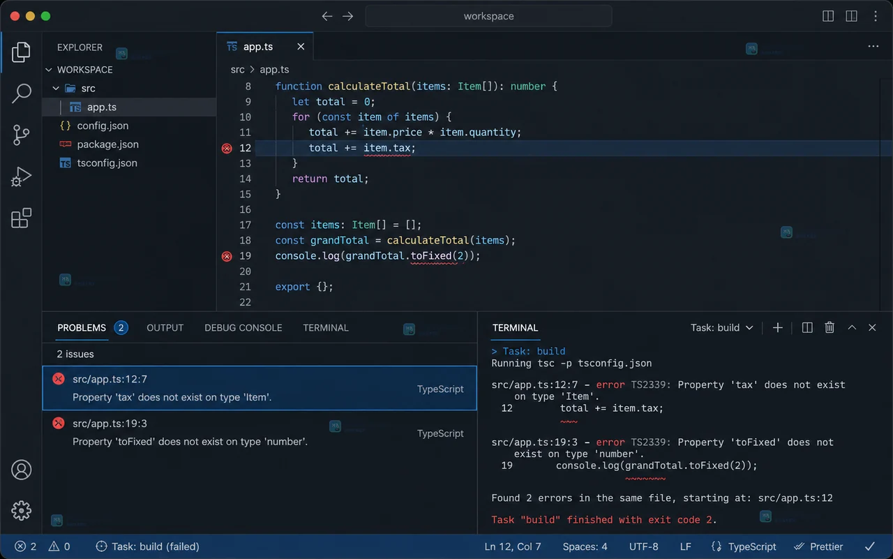 原创深色代码编辑器界面中显示 tasks.json 任务和 problemMatcher 字段