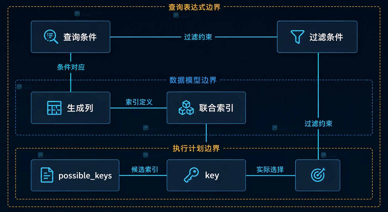 MySQL JSON 查询边界静态关系图,展示 attrs JSON、JSON_EXTRACT、JSON_UNQUOTE、生成列和 B-Tree 索引之间的结构关系