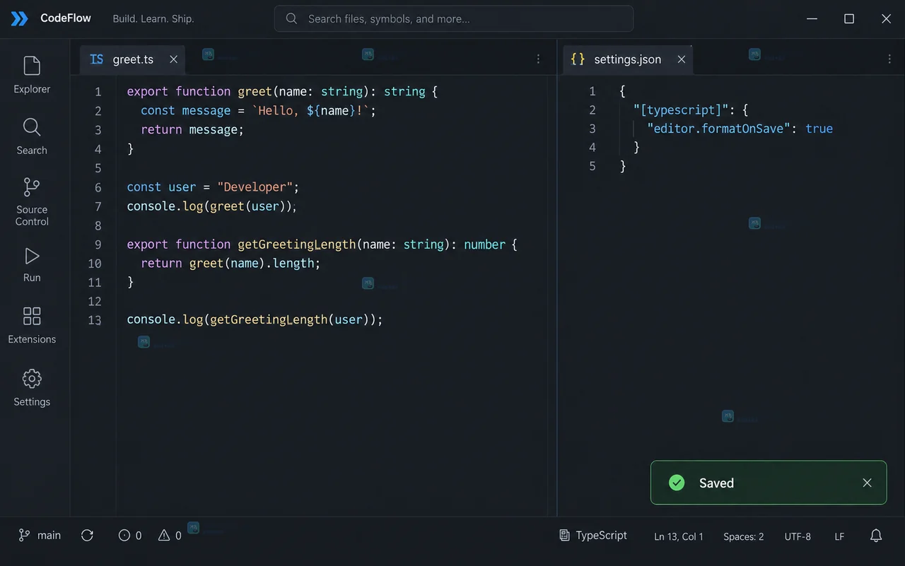 原创编辑器结果界面显示 TypeScript 配置块、格式化代码和 Saved 状态