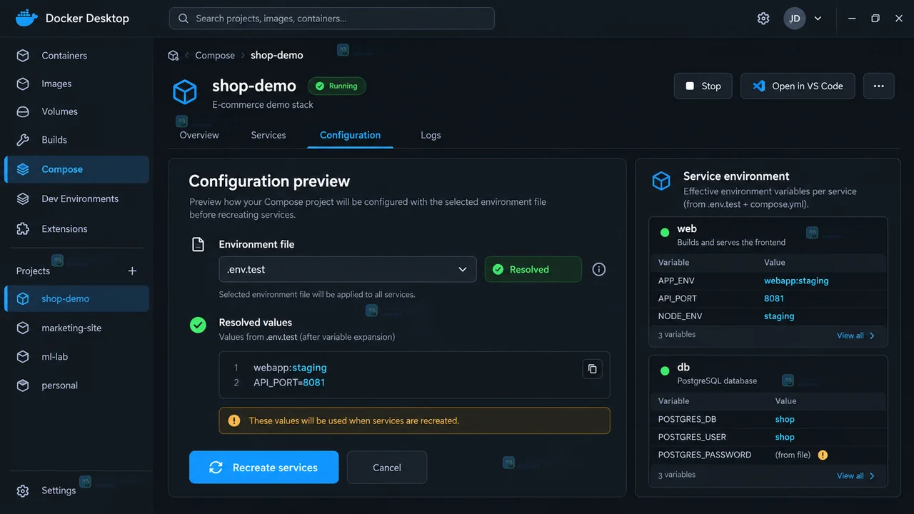 Docker Desktop 怎么切换 Compose 项目的环境变量文件