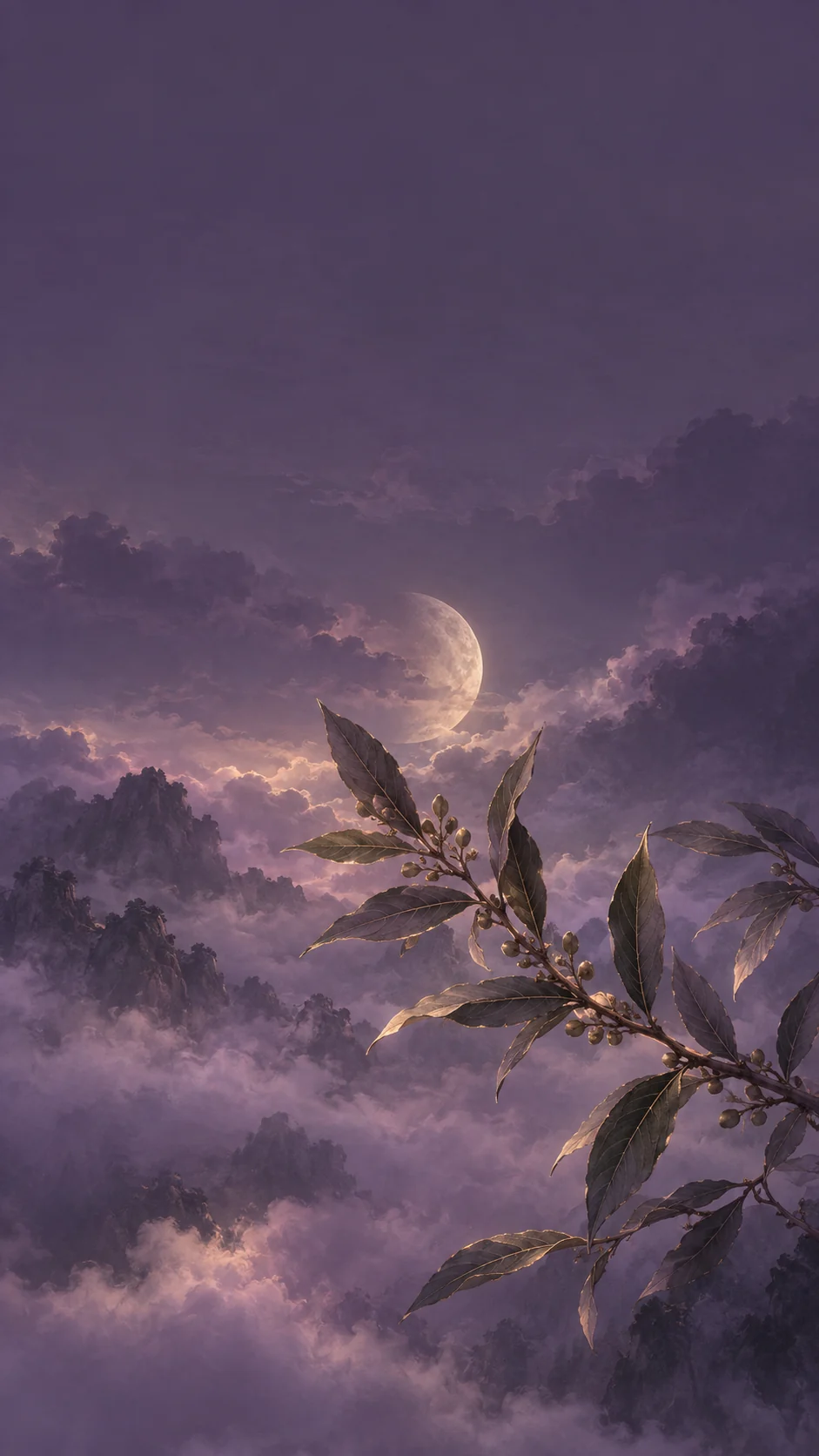 午夜蓝月桂枝手机壁纸变体,中下部主体与顶部锁屏留白保持不变