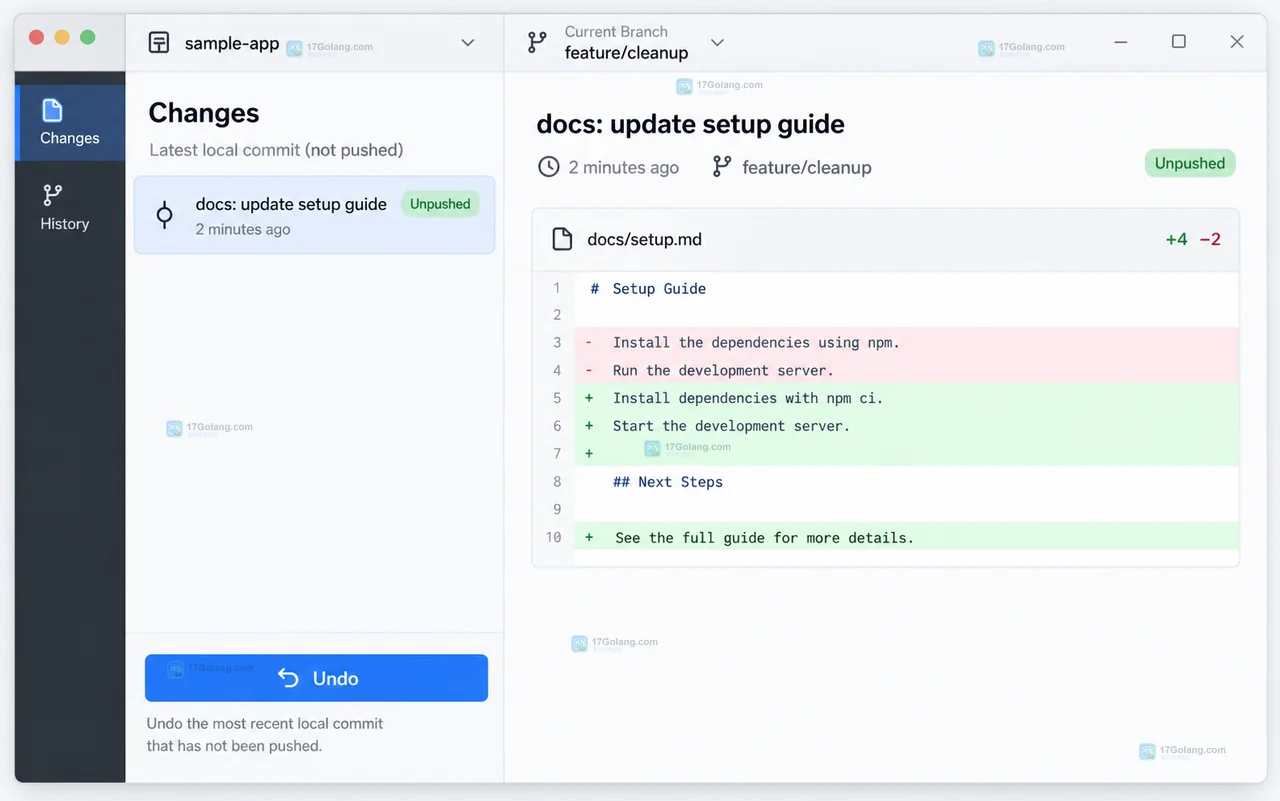 GitHub Desktop Undo 后 History 回到上一个提交且 Changes 显示恢复文件和 Summary 字段的原创软件界面状态图