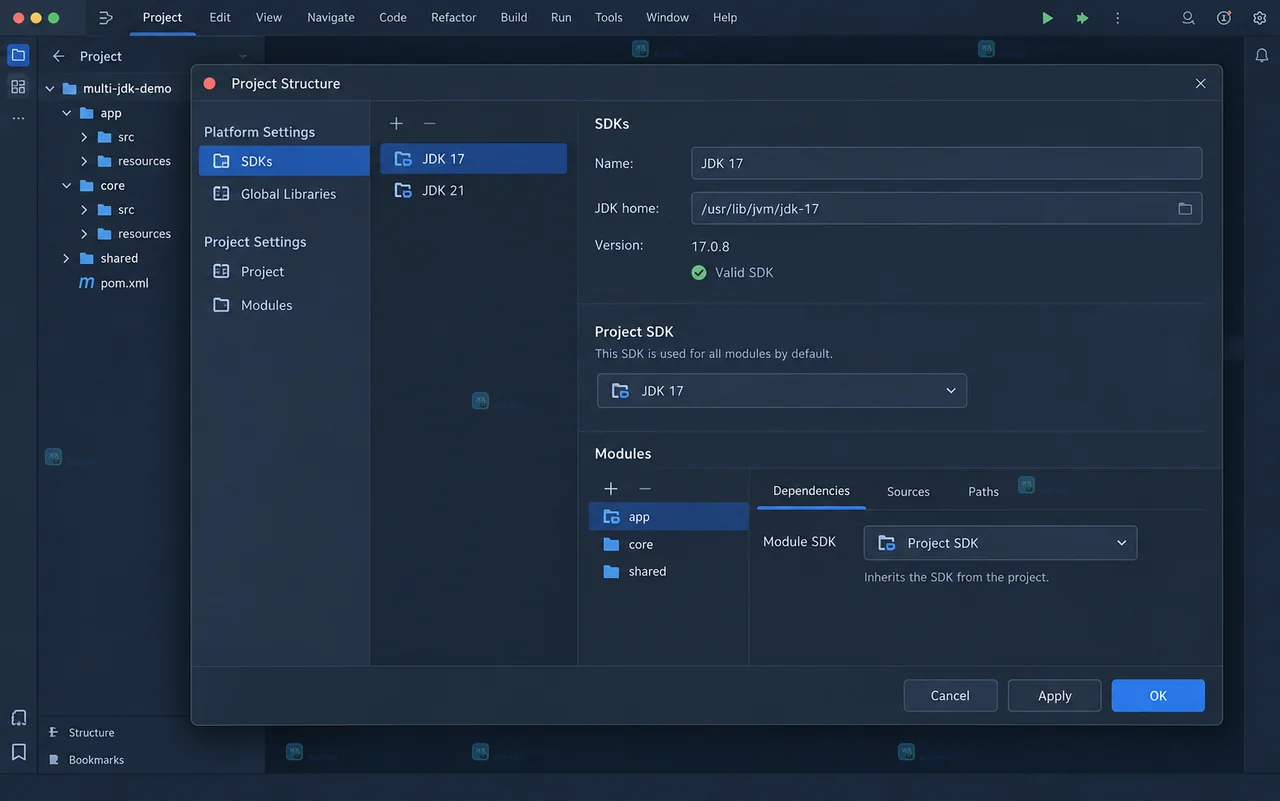 JetBrains IDE Gradle 设置页面显示 Gradle JVM 与项目 SDK 分工的原创界面状态图