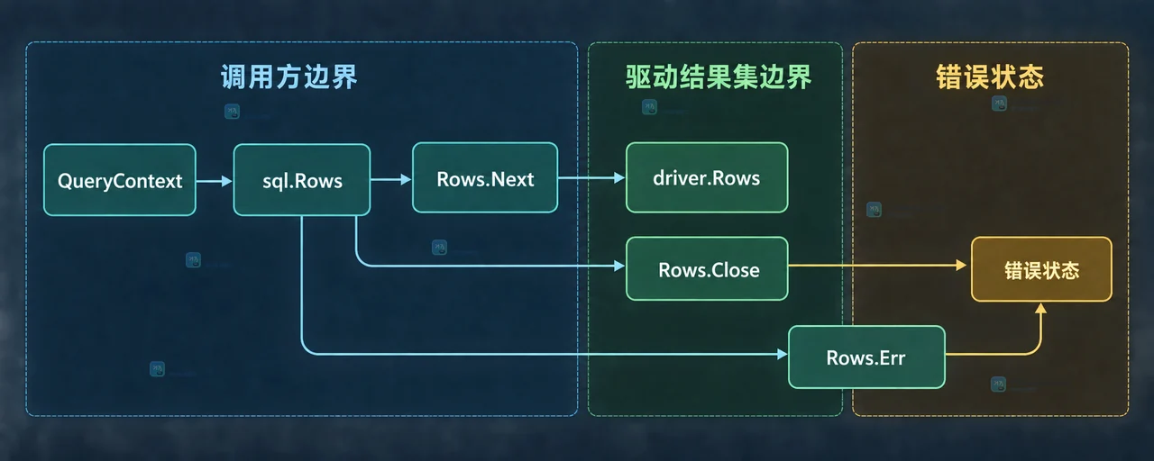 Go Rows.Next、Scan、Rows.Close、Rows.Err 与上下文取消的错误归属框图