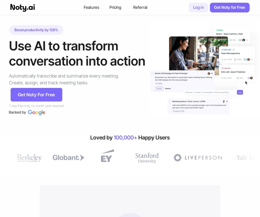 Noty.ai：AI智能会议助手，自动转录、生成待办与提升团队协作效率