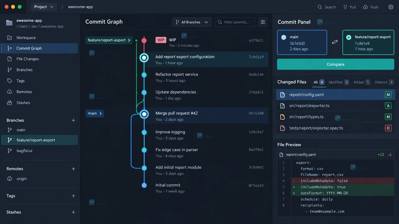 GitKraken Desktop 目标文件在 Split Diff View 中左右对照两个分支内容的原创界面状态图