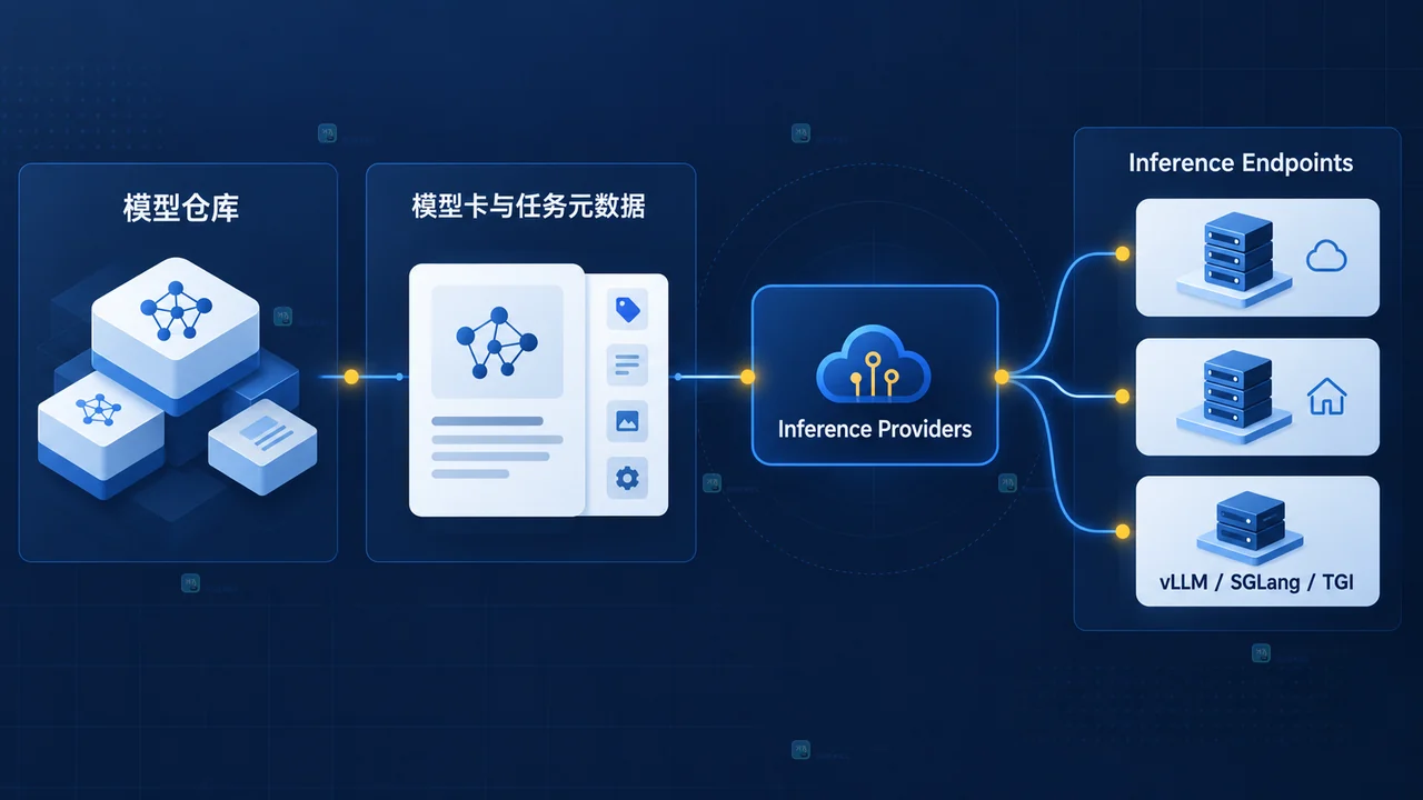 config.json、auto_map、模型实现和 AttentionInterface 连接 vLLM、SGLang、TGI 的兼容契约图
