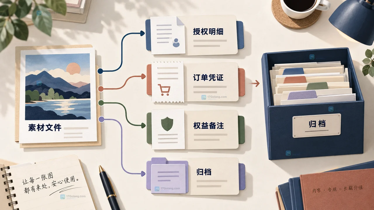 图库素材授权核对图,展示媒体地域期限专有性改编和再许可六个字段如何连接到实际投放