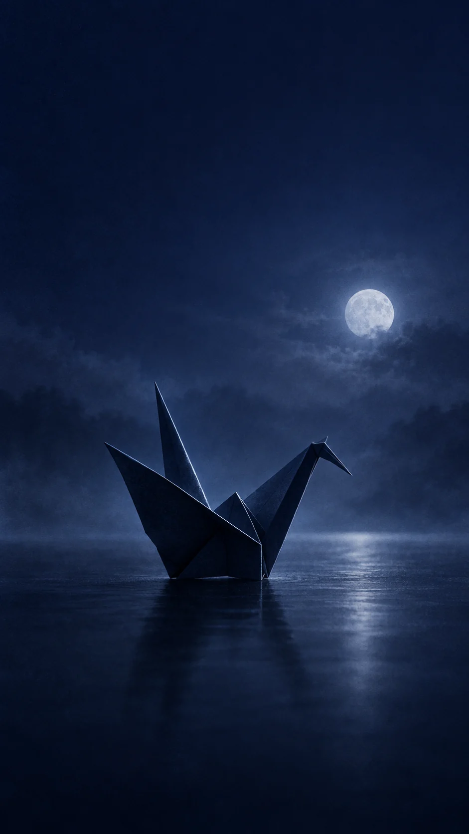 午夜蓝暖金纸鹤剪影手机壁纸,纸鹤位于右下并为左上通知区留白